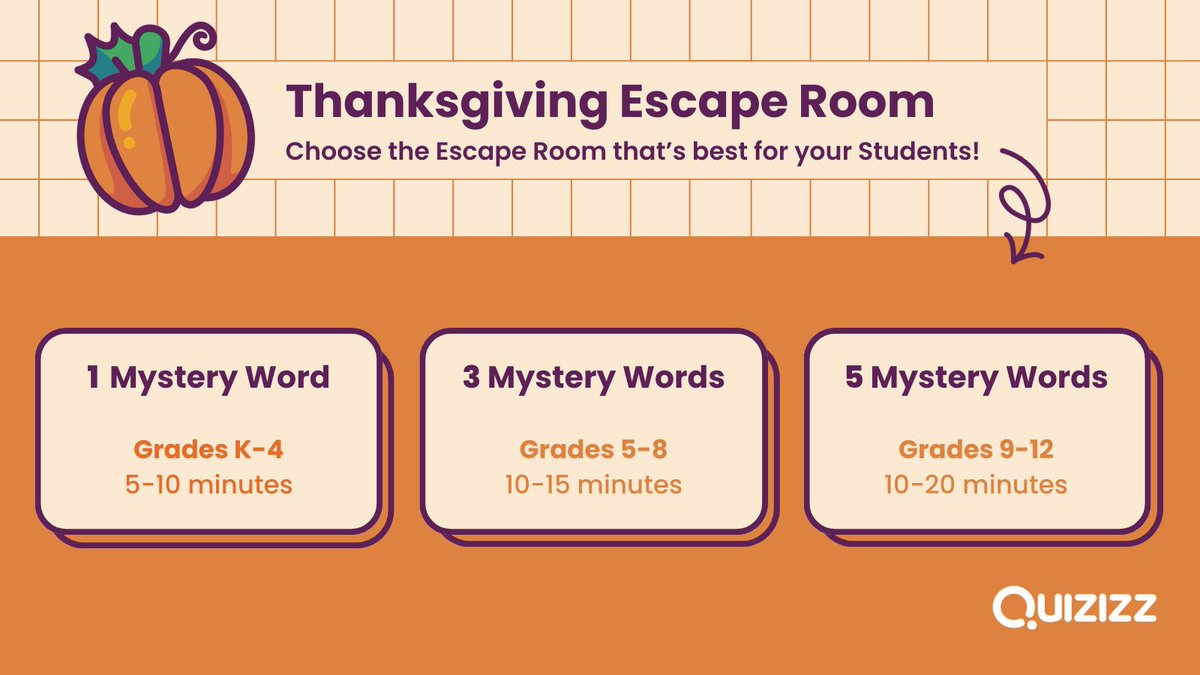 Quizizz (@quizizz) on Twitter photo 🦃 Gobble, gobble! It's Thanksgiving Escape Room time. 🦃
We've already set this up for you. Turn any premade quiz in Quizizz into an escape room for your class!
Here's a link to everything you need, including a guide.
bit.ly/3DUM7ME
Special thanks to <a href="/marydressel/">Mary Dressel</a>! 🦃 Gobble, gobble! It's Thanksgiving Escape Room time. 🦃
We've already set this up for you. Turn any premade quiz in Quizizz into an escape room for your class!
Here's a link to everything you need, including a guide.
bit.ly/3DUM7ME
Special thanks to <a href="/marydressel/">Mary Dressel</a>!