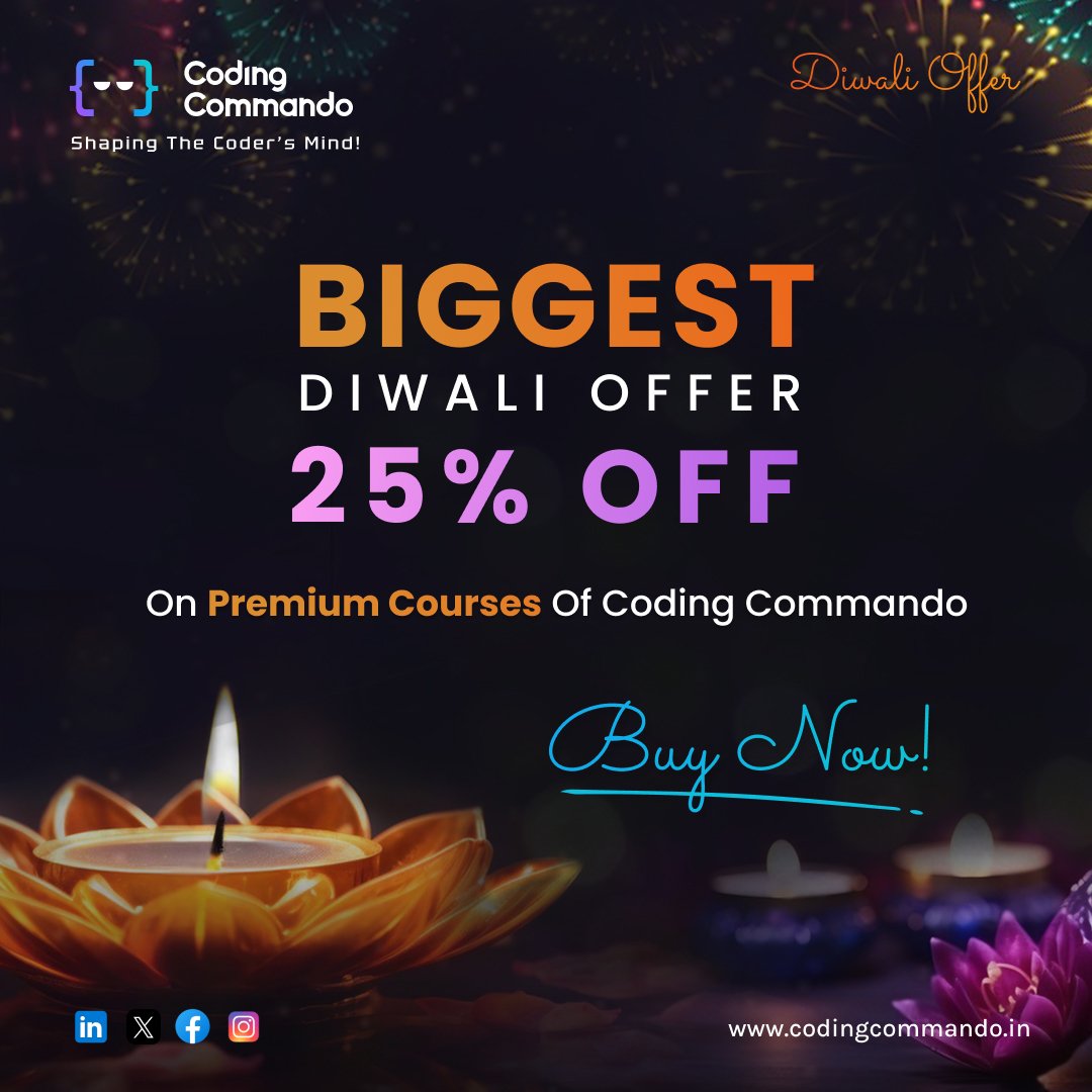 Coding_Commando's tweet image. 𝗧𝗵𝗲 𝗕𝗶𝗴𝗴𝗲𝘀𝘁 𝗗𝗵𝗮𝗺𝗮𝗸𝗮 𝗢𝗳𝗳𝗲𝗿 𝗶𝘀 𝗵𝗲𝗿𝗲 𝗮𝘁 @Coding_Commando
Get 25% off on the premium courses of Coding Commando
Offer Valid Till November 12th
Register Now and Enroll for Our Next Batch
#codingcourse #codingcommando #diwali #diwalioffer