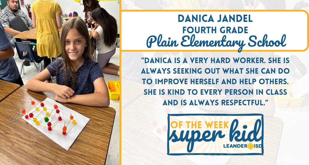 Fourth Grader Danica Jandel at <a href="/JimPlain/">Jim Plain Elem</a> is the #1LISD Super Kid of the Week!

Danica always completes her work carefully &amp; thoughtfully and turns it in on time. She has lots of friends – a result of her constant effort to include everyone!

Read more: bit.ly/3FRBGux
