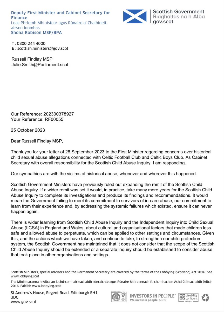 RussellFindlay1's tweet photo. I asked Humza Yousaf for an inquiry into Scottish football child abuse.
His deputy has now replied with a refusal, claiming it would not "deliver significant outcomes”. 👇
The SNP also say they won’t expand the existing abuse inquiry. Bitterly disappointing for victims. https://t.co/TysIvtFXLk