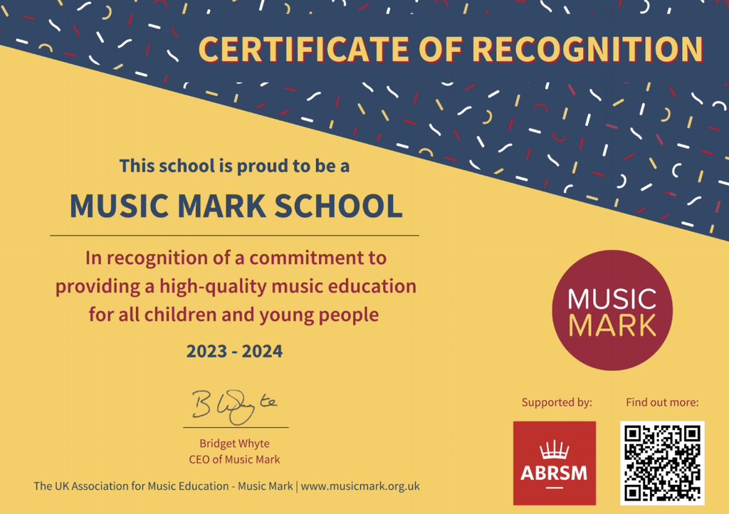 We are so proud and grateful for the relationship we have with @Barnsleymushub. Thank you for this recognition. Excited for the opportunities this will bring for music at TASE ❤️ @musicmarkuk #academicexcellence #amazingexperience