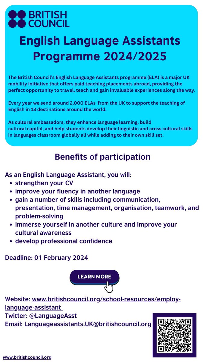 Applications for ELA 2024-2025 are now open!

Apply Now!

#ELA #teachenglish #languageassistant #BC #goglobal