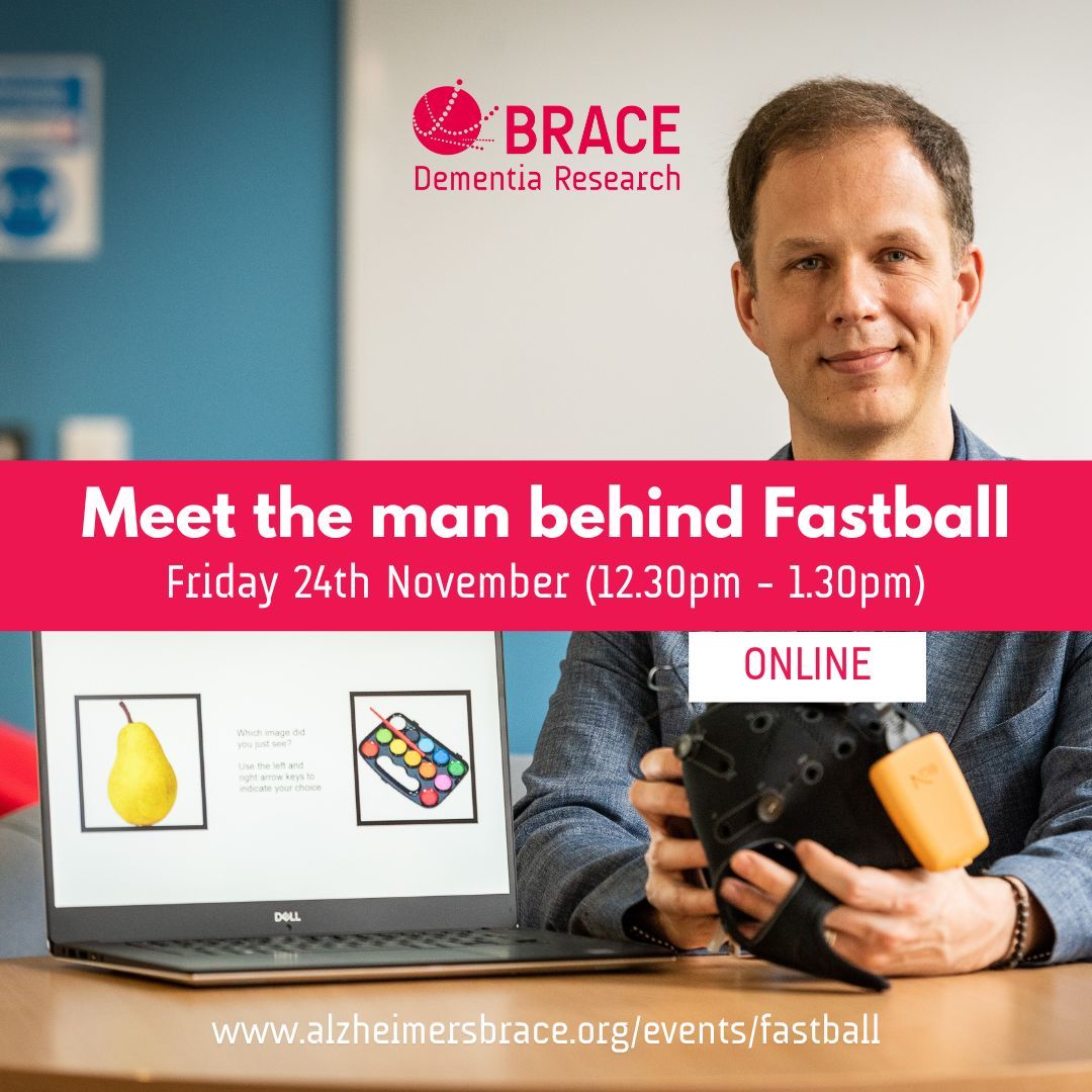 Meet the man behind Fastball, Dr George Stothart, at this FREE online event 💬

In this talk, George will answer any questions you may have about his work, the test and what it means for the future of #dementia.

📅 Friday 24th November
🎟️ FREE ticket: alzheimers-brace.org/events/fastbal…