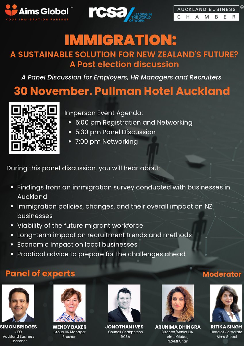 An Aims Global Event IMMIGRATION: A SUSTAINABLE SOLUTION FOR NEW ZEALAND'S FUTURE? Date: 30 November 2023 Time: 5 pm to 7 pm Place: Pullman Hotel Auckland, New Zealand Ticketing link: tinyurl.com/4zptrz3u