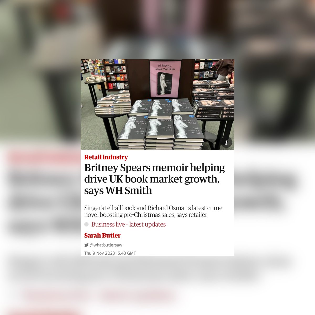 breatheonmiley's tweet photo. She's the economy! Britney Spears' memoir, #TheWomanInMe, is contributing to an increase in the UK book market, according to the boss of WH Smith, one of the country's largest booksellers. https://t.co/tj2wSPLWqw