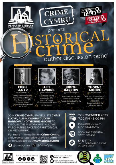 Delighted to be appearing at Penarth Library with fellow Crime Cymru authors @chrislloydauthor @thornemoore2019 & @judithbarrow2912 on 22nd Nov to talk all things historical crime! 😊 For tickets (including glass of wine/soft drink) contact the library on 029 2070 8438.