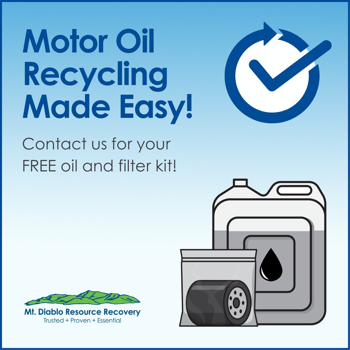 mtdiabloresrec's tweet photo. Looking for an easy and hassle-free way to recycle your motor oil and filter? Our recycling kit is FREE and includes a 6-quart container and filter sleeve for used motor oil. Contact us to request your curbside kit today and start recycling! #motoroil #recycling #extraservices https://t.co/HyR0x2M2Ud