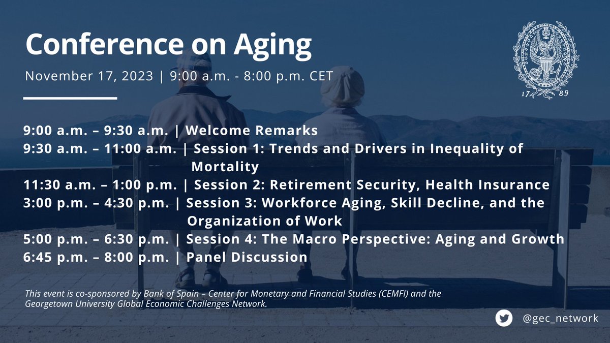 On November 17, join the Global Economic Challenges Network and the Bank of Spain (@CEMFInews) for an all-day conference on economic issues related to aging. RSVP to attend in-person in Madrid, or watch the livestream: global.georgetown.edu/events/confere…