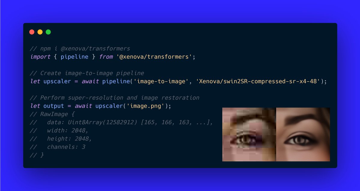 xenovacom's tweet image. As always, you can get started in just a few lines of code! 🤯 I can&apos;t wait to see what you build with it! 🤗 #WebML