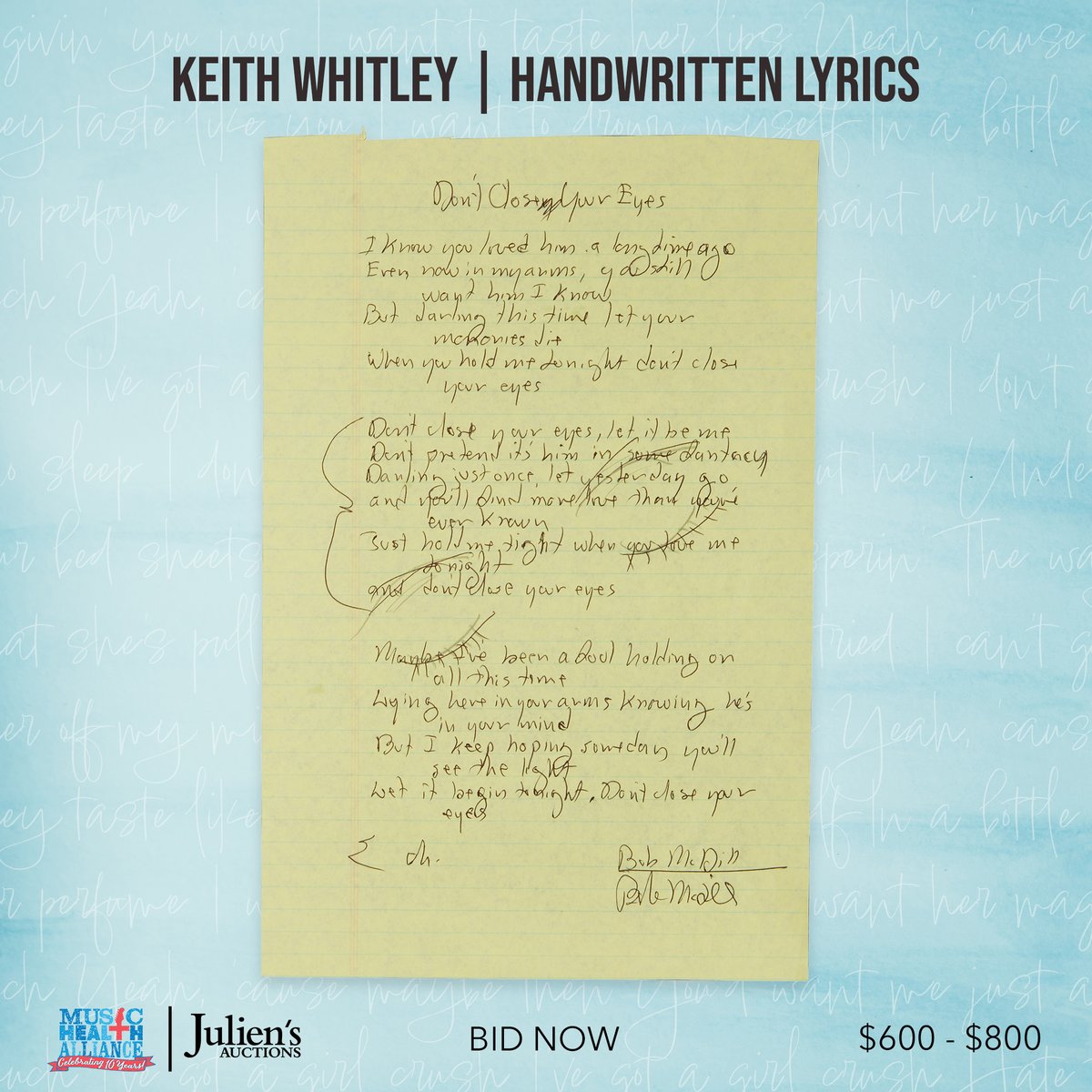 There's still time left to bid in our #LyricsForACause auction, featuring handwritten lyrics by <a href="/MarenMorris/">Maren Morris</a>, @GarthBrooks, @AThousandHorses, and so many more! Check it out now and place your bids at bit.ly/498XZt1 to help #HealTheMusic!

#KeithWhitley #MusicAuction