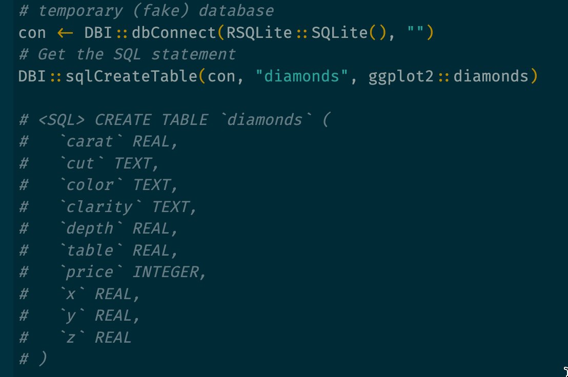 zevross's tweet image. If you need to generate a CREATE TABLE statement for a table in #rstats the DBI::sqlCreateTable() function is a good place to start.