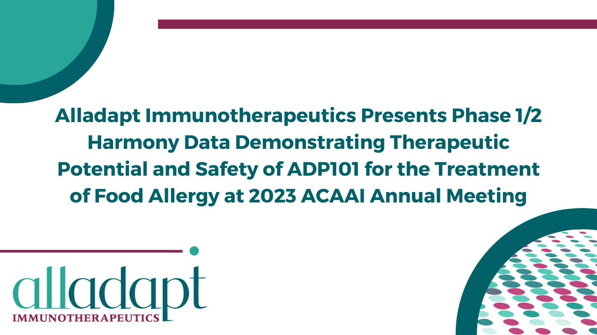 Tomorrow at #ACAAI23, we will present data from our Phase 1/2 Harmony study demonstrating the therapeutic potential and safety of ADP101 for the treatment of #FoodAllergy.

Learn more in today's press release and join us <a href="/ACAAI/">ACAAI</a> tomorrow: bit.ly/49rPSIh