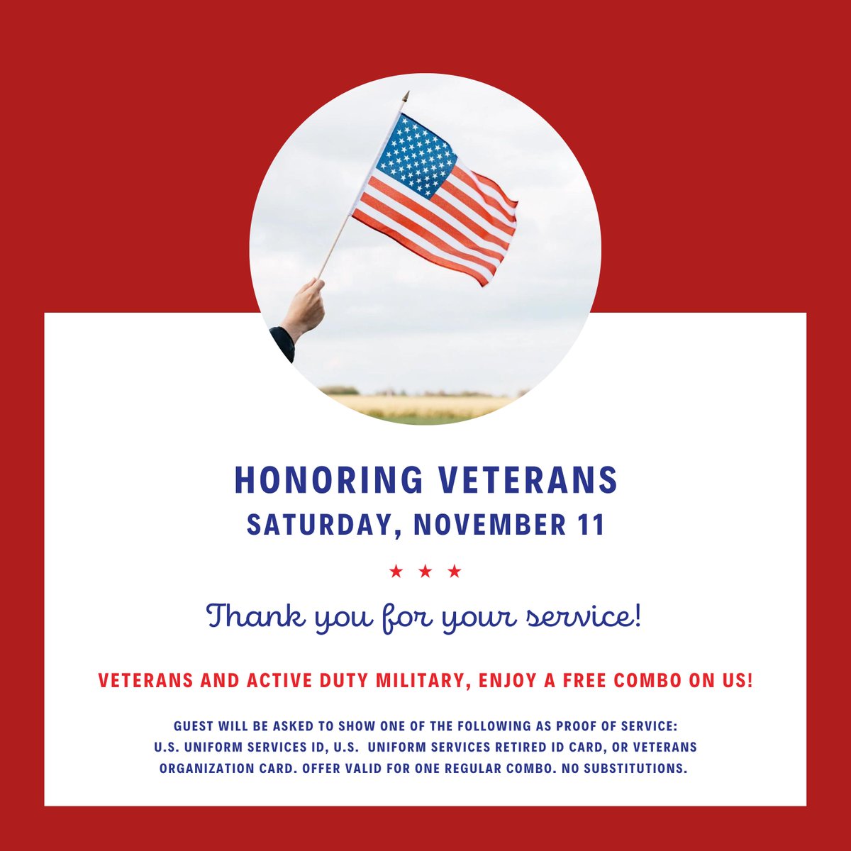 As a way to show our appreciation for the men and women who have or are currently protecting our country, we are offering a FREE combo on Veterans Day to those individuals! 🇺🇸 Come by and see us this Saturday #eatdairio #veteransday