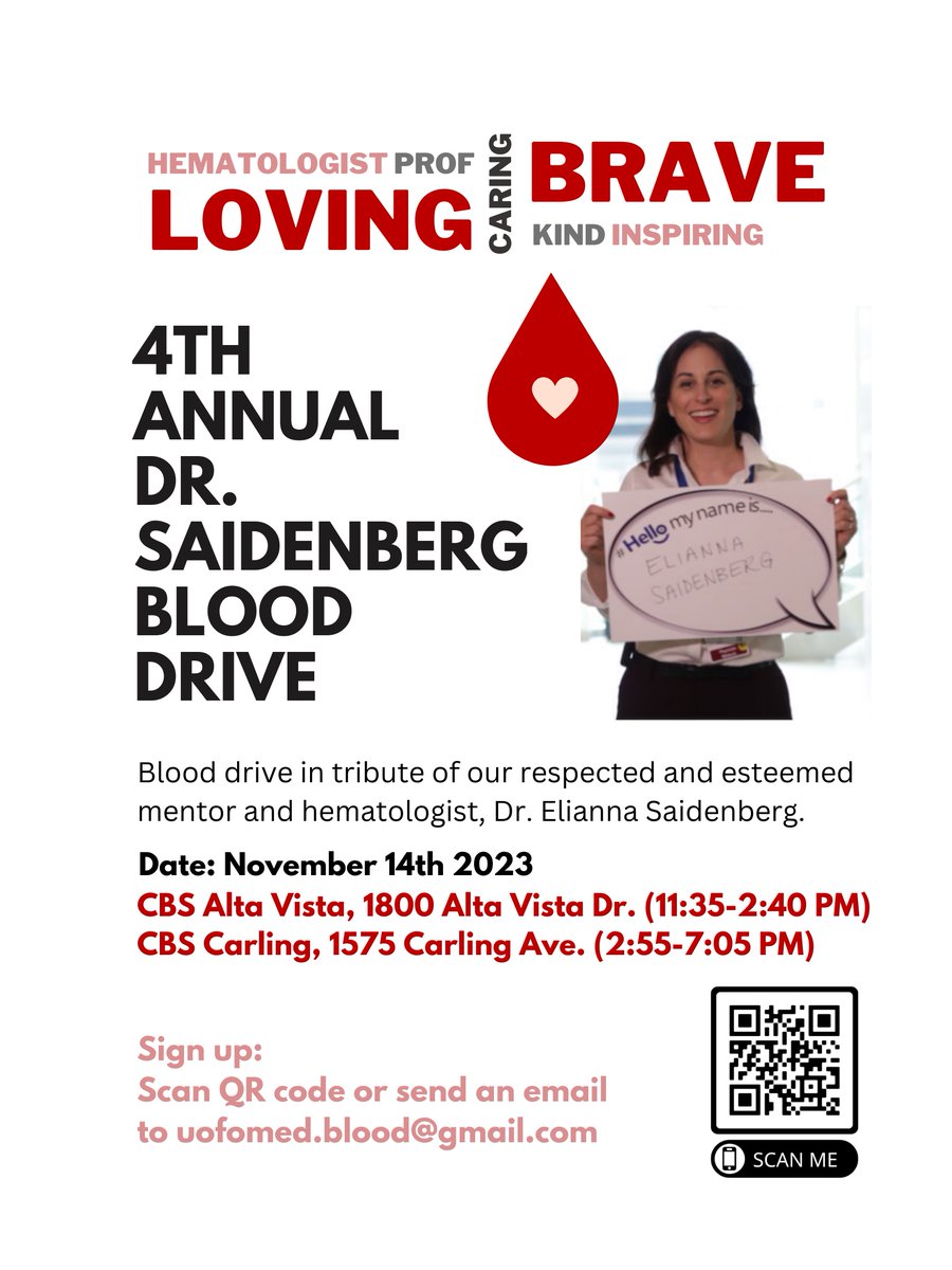Kaitlin Endres (@kaitlinendres) on Twitter photo Join us for the 4th Annual Blood Drive in Honour of Dr. Elianna Saidenberg <a href="/ESaidenberg/">Elianna Saidenberg</a> - esteemed hematologist, mentor & patients' rights advocate. To honour her memory, we welcome you to book a donation appt on Tuesday, November 14th at Carling & Alta Visa locations. Join us for the 4th Annual Blood Drive in Honour of Dr. Elianna Saidenberg <a href="/ESaidenberg/">Elianna Saidenberg</a> - esteemed hematologist, mentor & patients' rights advocate. To honour her memory, we welcome you to book a donation appt on Tuesday, November 14th at Carling & Alta Visa locations.