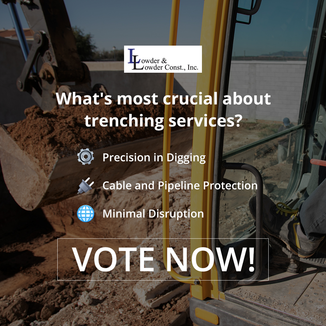 lowderandlowder's tweet image. 🚧 Planning underground utilities for your commercial space? What&apos;s most crucial about trenching services? Vote now:

⚙️ Precision in Digging
🔌 Cable and Pipeline Protection
🌐 Minimal Disruption

#TrenchingSolutions #LowderandLowder