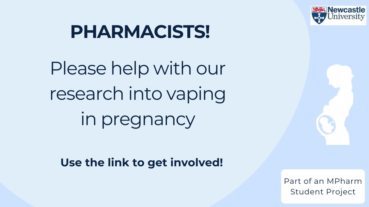 We are still looking for pharmacists to share views and experiences on vaping in pregnancy, as part of a student project.
Please use the link to get involved! newcastle.onlinesurveys.ac.uk/eligibility-qu…

#pharmacyresearch #askyourpharmacist #pregnancycare
<a href="/SwinWiltsLPC/">Community Pharmacy Swindon & Wiltshire</a> <a href="/ComPharmLSC/">CPLSC</a> <a href="/ImaanHealthcare/">Imaan Healthcare</a>