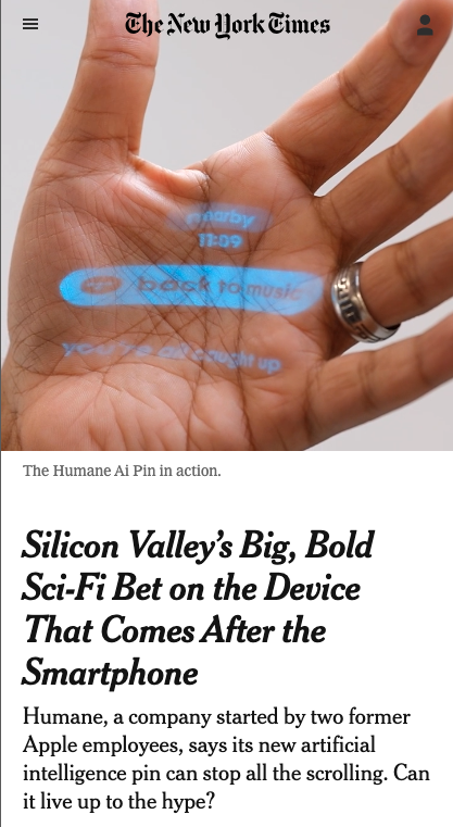 🌘 NEW: @trippmickle and I spent time inside Humane, the wildly ambitious A.I. hardware start-up that's trying to break our smartphone addiction. Their solution? More technology of course! (thread)