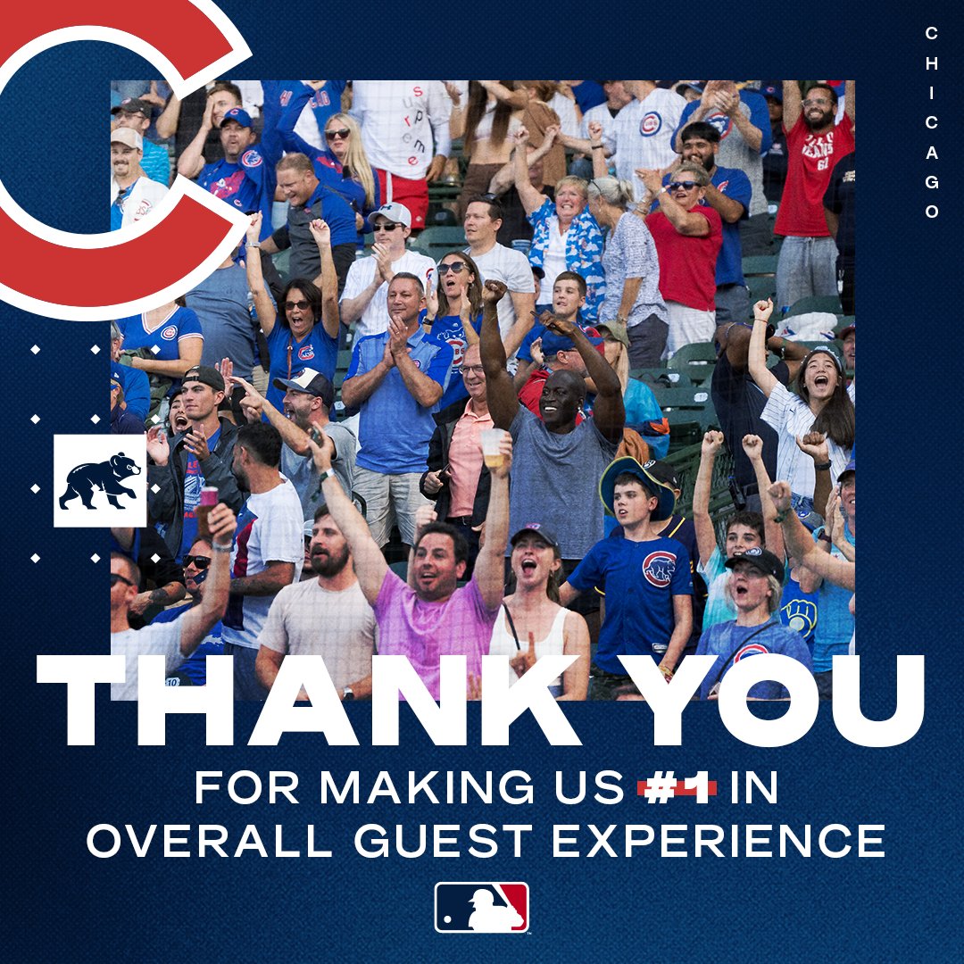Cubs's tweet photo. The Friendliest Confines. 💙

The Cubs were rated first in Overall Guest Experience and Staff Experience for the 2023 regular season in @MLB's Voice of the Consumer Program, which includes all 30 clubs. Thank you to our gameday staff and Cubs fans for helping to create the best experience in baseball at beautiful, historic Wrigley Field!