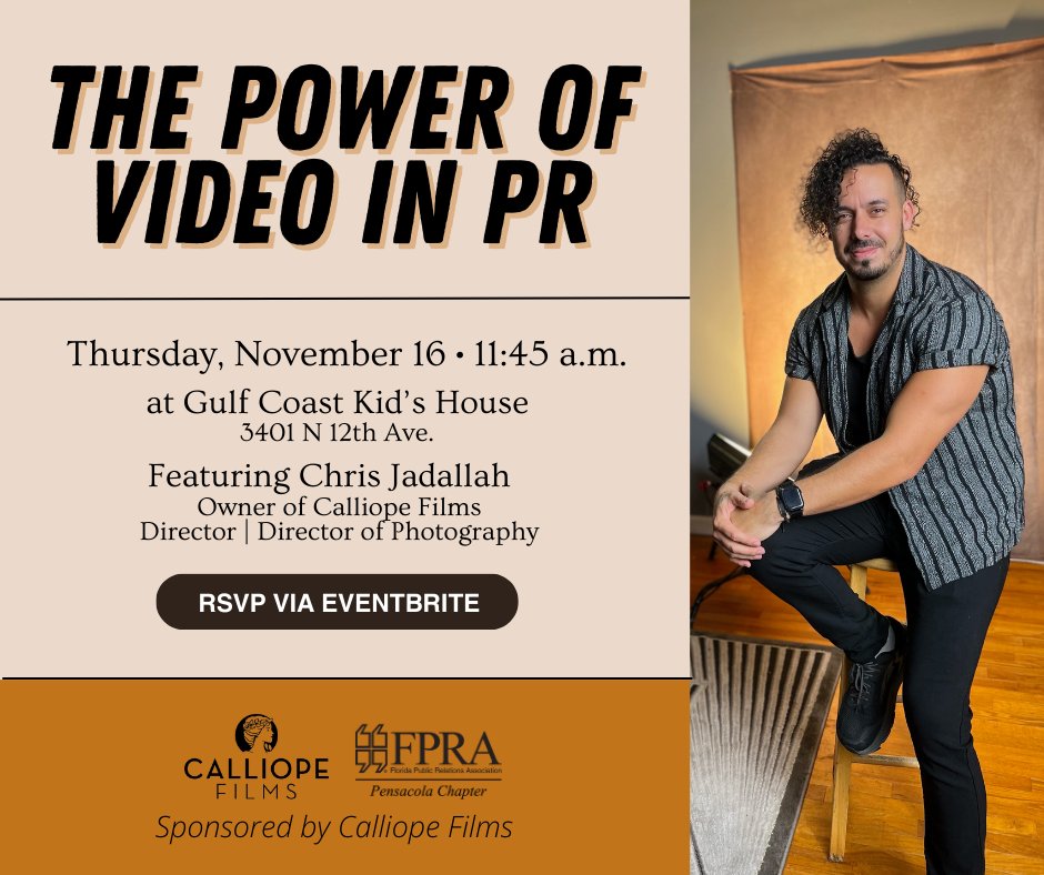 We hope to see you next Thursday at Gulf Coast Kid's House for our next Lunch &amp; Learn featuring The Power of Video in PR with Calliope Films! 👏 Please register via Eventbrite here ===> eventbrite.com/e/the-power-of… #FPRA #FPRAPensacola #synergy #PensacolaFlorida