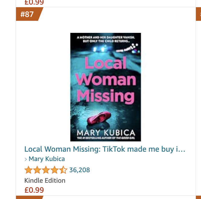 HQstories's tweet photo. What a fabulous end to the day, seeing #LocalWomanMissing SOAR into the Kindle Top 100, and with a bestseller flag too 🎉
Unsettle down with @MaryKubica for just 99p for a limited time only! https://t.co/iAEmbeX0Am