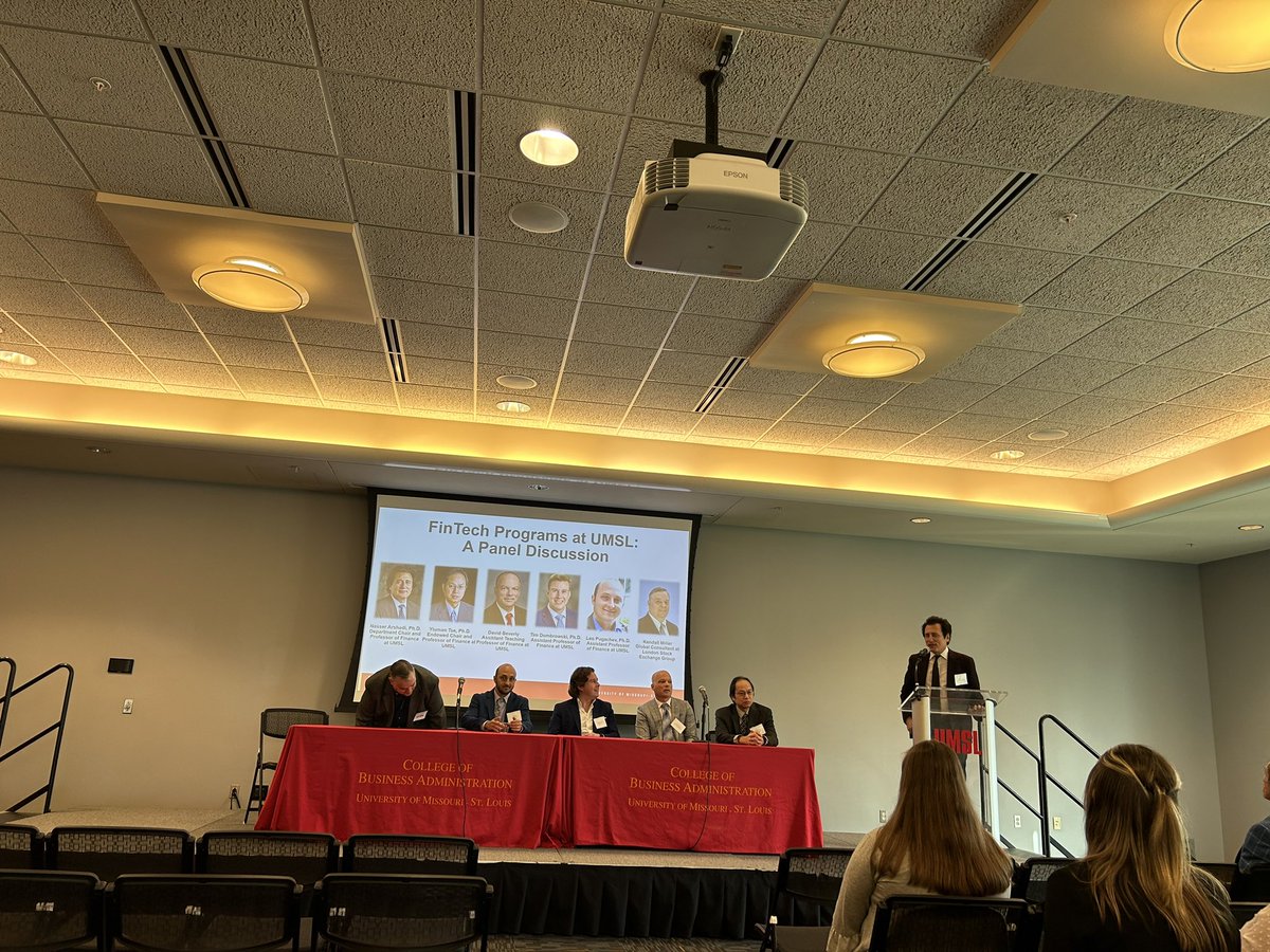 FinTech panel at the Finance Career Conference featuring #UMSL Finance Professors Arshadi, Tse, Beverly, Dombrowski, and Pugachev #FCC #UMSLBusiness #WeTransformLives