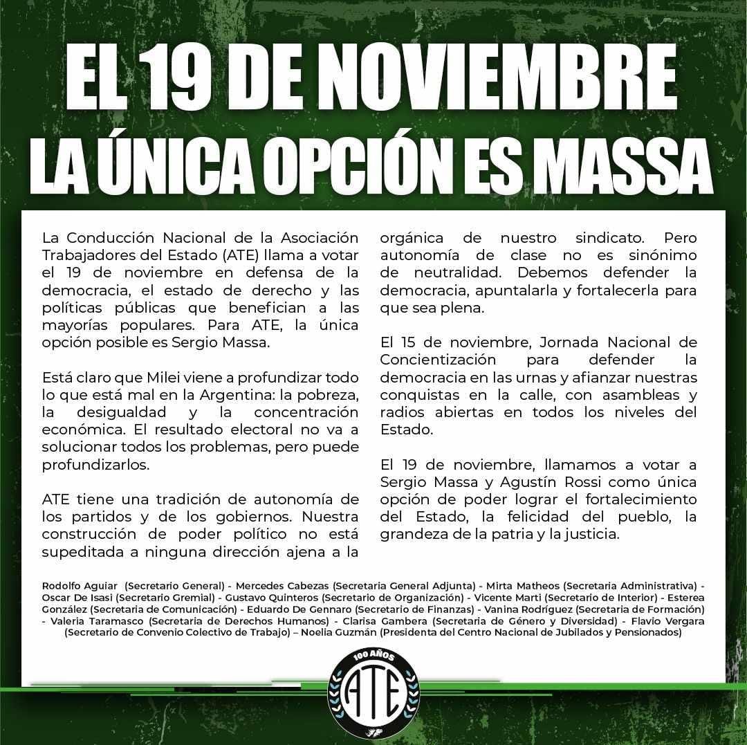 agrupblanca_ate's tweet image. EL 19 DE NOVIEMBRE LA ÚNICA OPCIÓN ES MASSA

La Conducción Nacional de la Asociación Trabajadores del Estado (ATE) llama a votar el 19 de noviembre en defensa de la democracia, el estado de derecho y las políticas públicas que benefician a las mayorías populares.