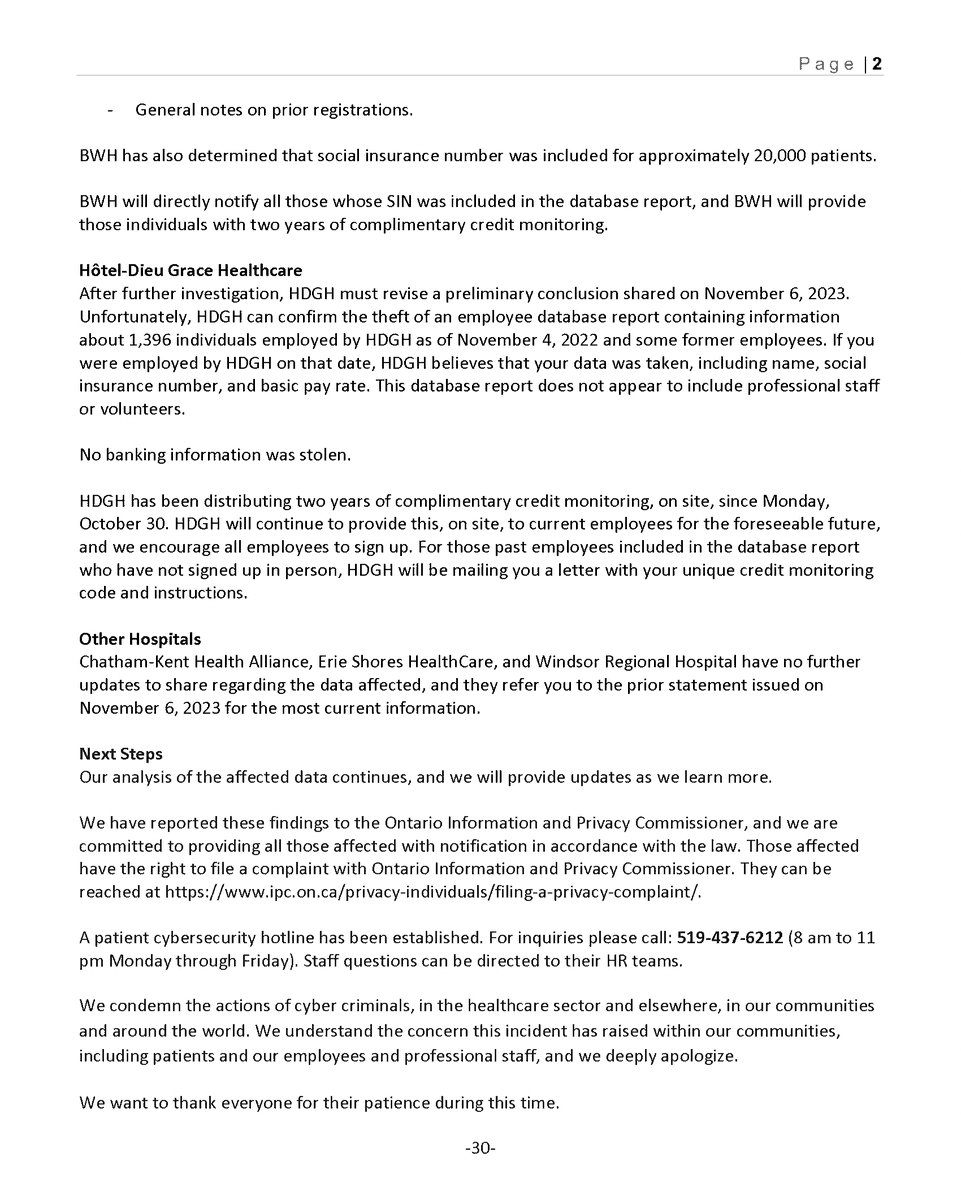 See the most recent update release November 9th, 2023, regarding the cyber attack impacting regional hospitals.