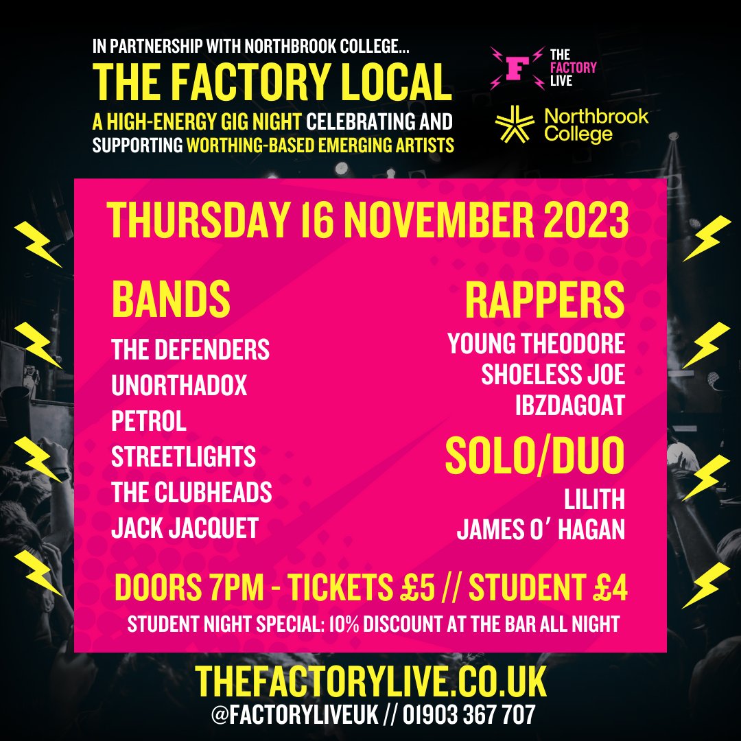 We're delighted to announced that we will be running The Factory Local next Thursday in partnership with @NorthbrookColl, showcasing the very best emerging talent in #Worthing! Get your tickets today 🔥👇🔥
thefactorylive.co.uk/event/factory-…