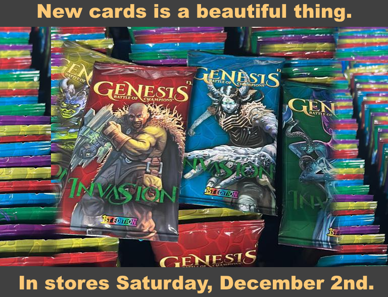 genesisboc's tweet photo. New cards is a beautiful thing!   INVASION arrives in stores Saturday, December 2nd.  
Discover Genesis: Battle of Champions at fine stores across North America >>> https://t.co/3ljTOXk6rn

Remember:  In Genesis: BoC you don't just 'play' your cards, you lead them to victory. https://t.co/WQ6UrplE7S