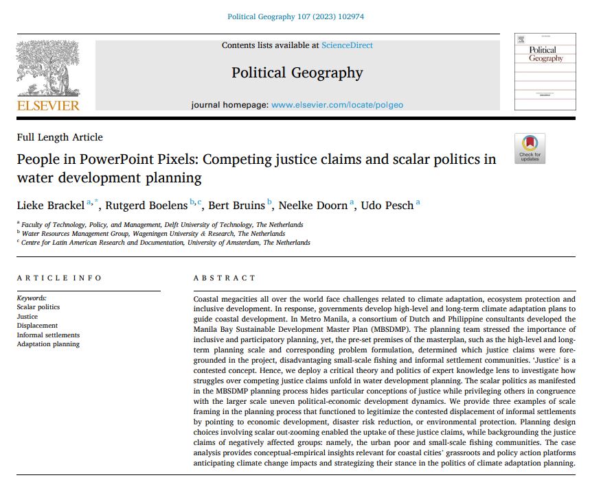 Recently published: Competing justice claims and scalar politics in water development planning, by @LiekeBrackel, Rutgerd Boelens, Bert Bruins, @NeelkeD and Udo Pesch sciencedirect.com/science/articl…