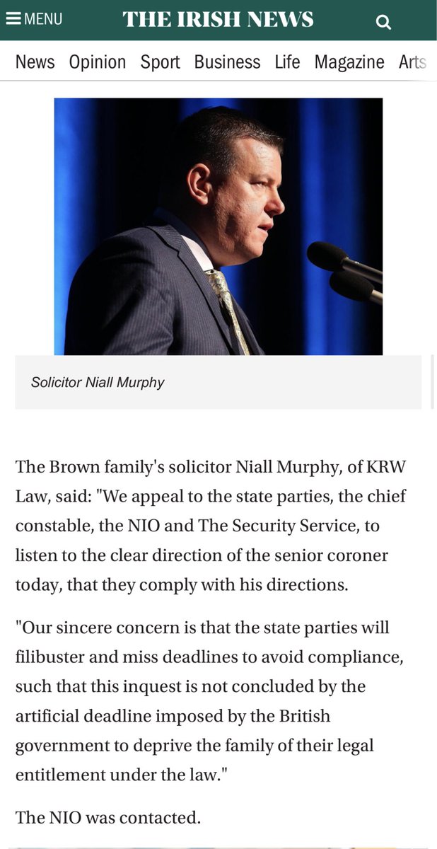 KRWLaw's tweet image. MI5 have applied for a Public Interest Immunity certificate in the inquest of Sean Brown.

This is to withhold documents which have been viewed and deemed relevant for disclosure by the Coroner.

Family appeal to State parties to abide by court directions

irishnews.com/news/northerni…