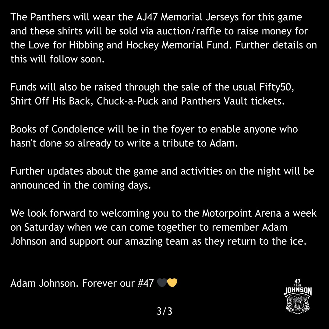 🖤 The Nottingham Panthers can confirm full details for the Adam Johnson Memorial Game at the Motorpoint Arena on Saturday 18th November (7pm face-off). 💛 All tickets will cost only £10. 🖤 Tickets on-sale tomorrow morning at 9am. 💛 Season ticket holders will have until 6pm…