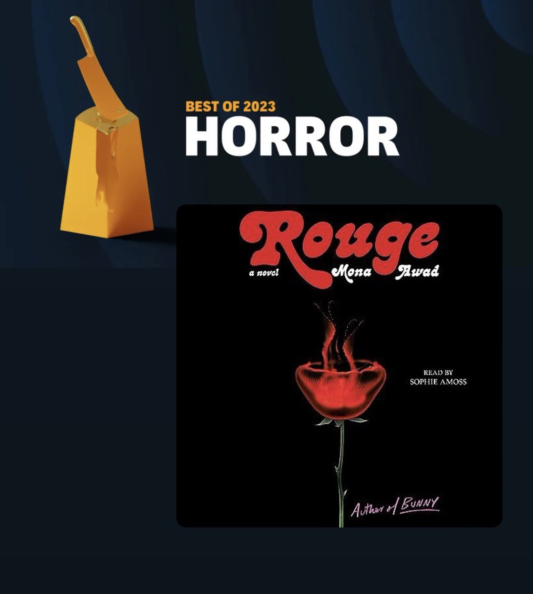 Congratulations to ROUGE and Mona Awad for making it onto Audible’s Best of 2023 list! Proud to be the narrator of this amazing title. ❤️🥀🐇 #monaawad #AudibleBestof2023 #Rouge