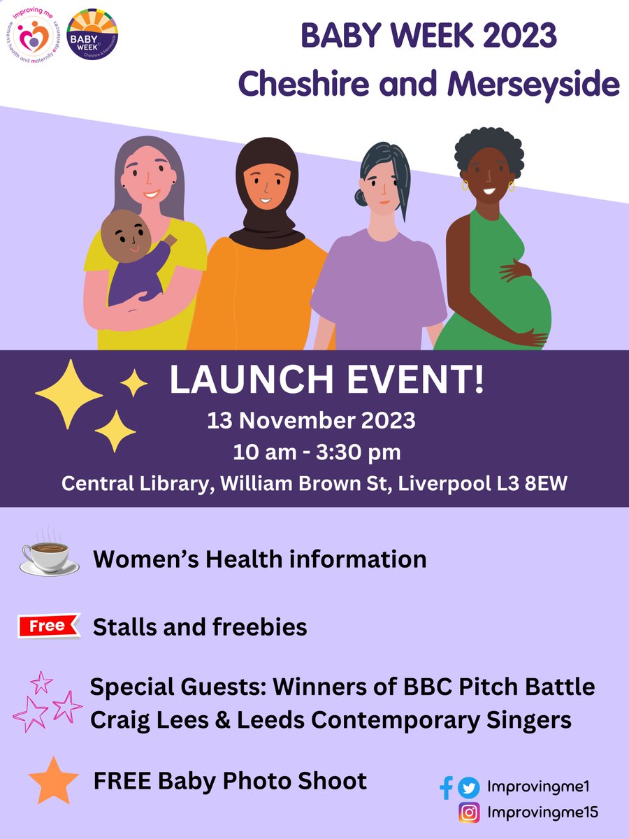 Monday 13th November is the launch of #BabyWeekCM 2023!🎉 Join us: 👉Central Library, Liverpool, L3 8EW 👉10 am - 3:30 pm ✨With special guests✨ Winners of BBC ONE Pitch Battle Show Leeds Contemporary Singers and Musical Director Craig Antony Lees!