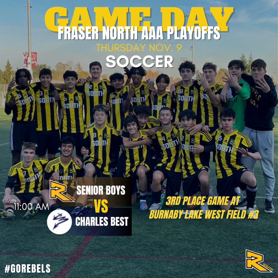 RebelsAthletics's tweet photo. Our Senior Boys take on @CharlesBestScho in Fraser North AAA #Soccer Playoffs. The winner advances to the @BCSchoolSports Provincial Tournament!
⏰ 11:00 AM
🏟️ Burnaby Lake West #3
📺: https://t.co/XC2rvBXGPZ
#VamosRebels
#ForzaRebels
#GoRebels 🖤💛⚽️ https://t.co/VkrtQGLGWi