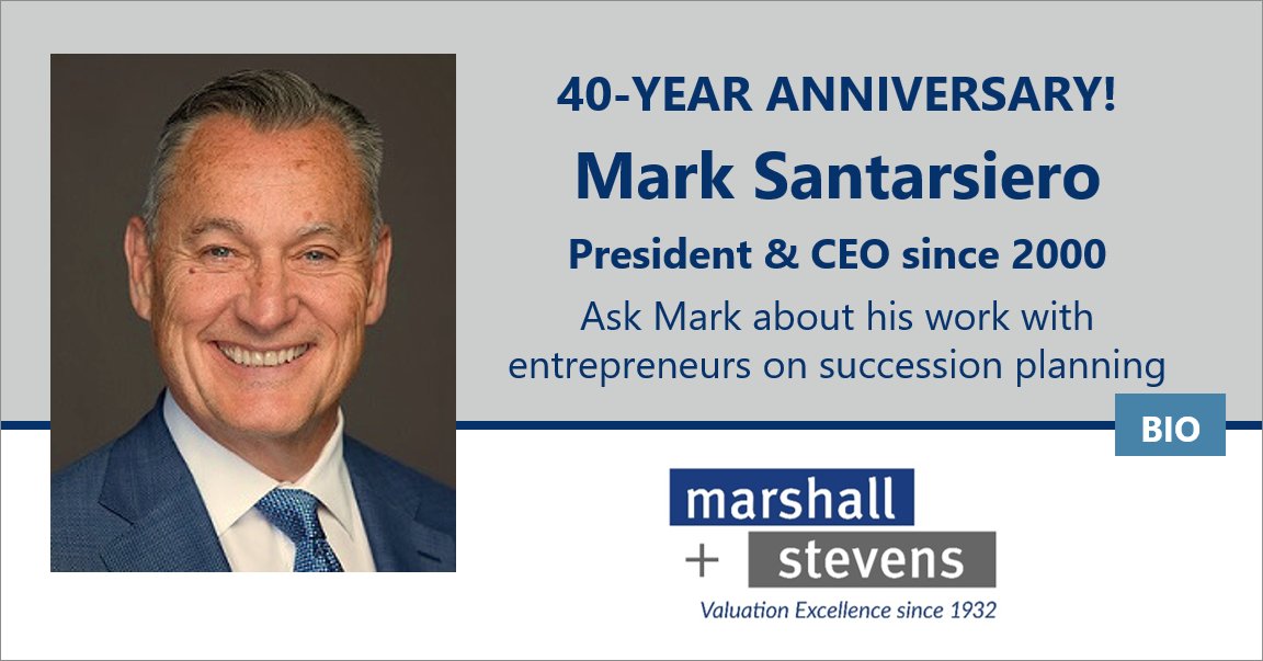 People make a business special. From CFO, COO to CEO, thanks for 4 decades of leadership, Mark.

#MarshallStevens #valuation #SuccessionPlanning #MSCapital #CEO #UniversityofScranton #UniversityofSouthernCalifornia #Leadership #anniversary #40years

marshall-stevens.com/mark-santarsie…