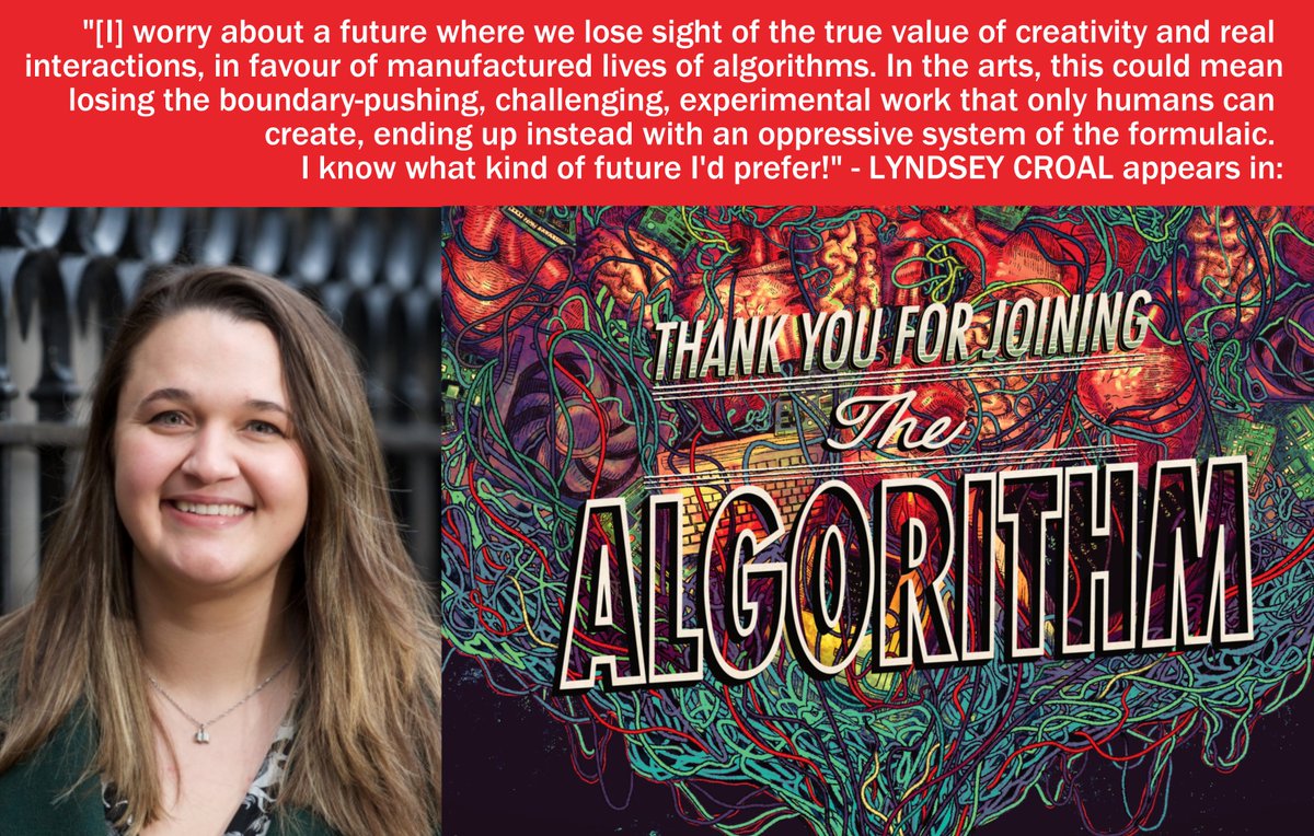 You'll find Sci-Horror fiction, illustration, Weird forms, comics &amp; puzzles w/in the pages of THANK YOU FOR JOINING THE ALGORITHM! 
Poetry too, including work from <a href="/writerlynds/">Lyndsey Croal</a> 
Preorder TYFJTA now! Proceeds go to support creators' legal rights in the battle against AI theft🚫🤖