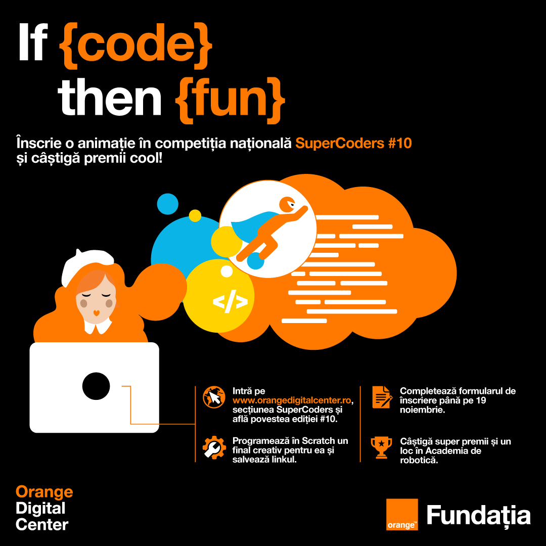 orangeromania's tweet image. Dacă știi un puști de 10-14 ani pasionat de tehnologie și programare în Scratch, ai ajuns în locul potrivit! Mai sunt doar câteva zile în care te poți înscrie la competiția națională #SuperCoders #10! 🧡Detalii pe orangedigitalcenter.ro. Succes! #PentruMaine