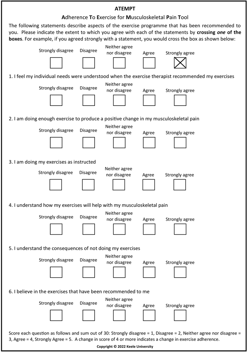 A new measure of exercise adherence: the ATEMPT (Adherence To Exercise for Musculoskeletal Pain Tool) 👇👇👇 bjsm.bmj.com/content/early/…