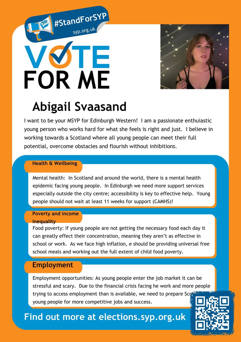 EdinburghMSYPs's tweet photo. 🚨Edinburgh Western Candidates🚨
Abigail Svaasand wants to be your MSYP! 🎉
To find out more visit:
ℹ️ https://t.co/LGq5rE2H3j
🗳️To vote visit: https://t.co/LAKYuygttz
#StandForSYP https://t.co/HNMsz5vuLT