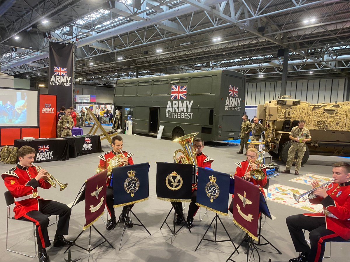 Over the last two days, one of the band's brass quintets has been performing at the National School and College Leaver Festival at the NEC in Birmingham. They engaged and demonstrated one of the many ways in which students can perform music for a living within @Corpsarmymusic