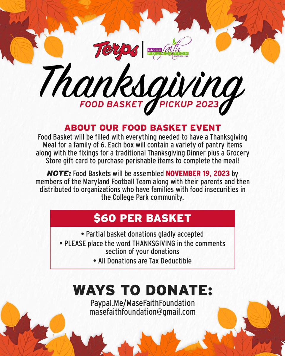 Helping those in need We will participate in food basket pickup event this Thanksgiving season More Info/Donate: go.umd.edu/3Qyr8Ft