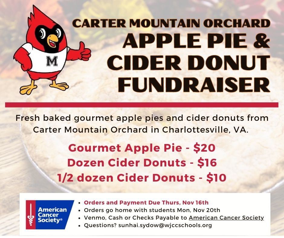 Matoaka Elementary School (@mes_wjcc) on Twitter photo Who is ready for gourmet apple pies and cider donuts?? We are raising money for the American Cancer Society, and would greatly appreciate your help! ๐๐ฅง๐ฉ
Questions? sunhai.sydow@wjccschools.org
Thank you in advance for supporting this cause! โค๏ธ
#wearewjcc #wjccschools Who is ready for gourmet apple pies and cider donuts?? We are raising money for the American Cancer Society, and would greatly appreciate your help! ๐๐ฅง๐ฉ
Questions? sunhai.sydow@wjccschools.org
Thank you in advance for supporting this cause! โค๏ธ
#wearewjcc #wjccschools