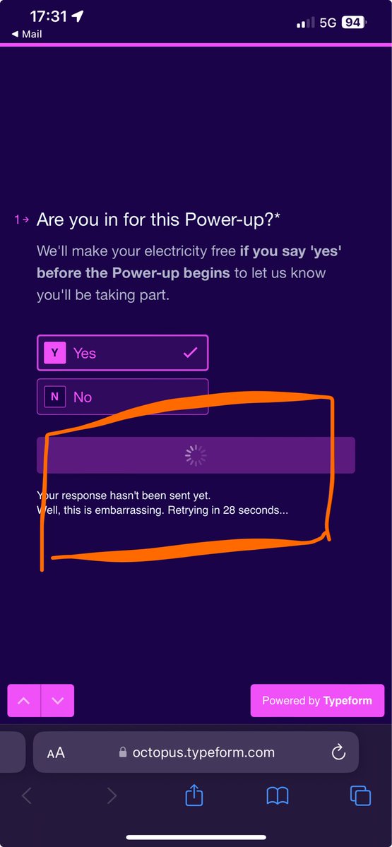 DavidJClaxton's tweet image. Anyone else getting  this @typeform error when trying to opt in to tomorrow’s @OctopusEnergy Power-up? 🤔 …I mean, why would anyone NOT want to opt in anyway? 🤷🏼‍♂️ #frustating