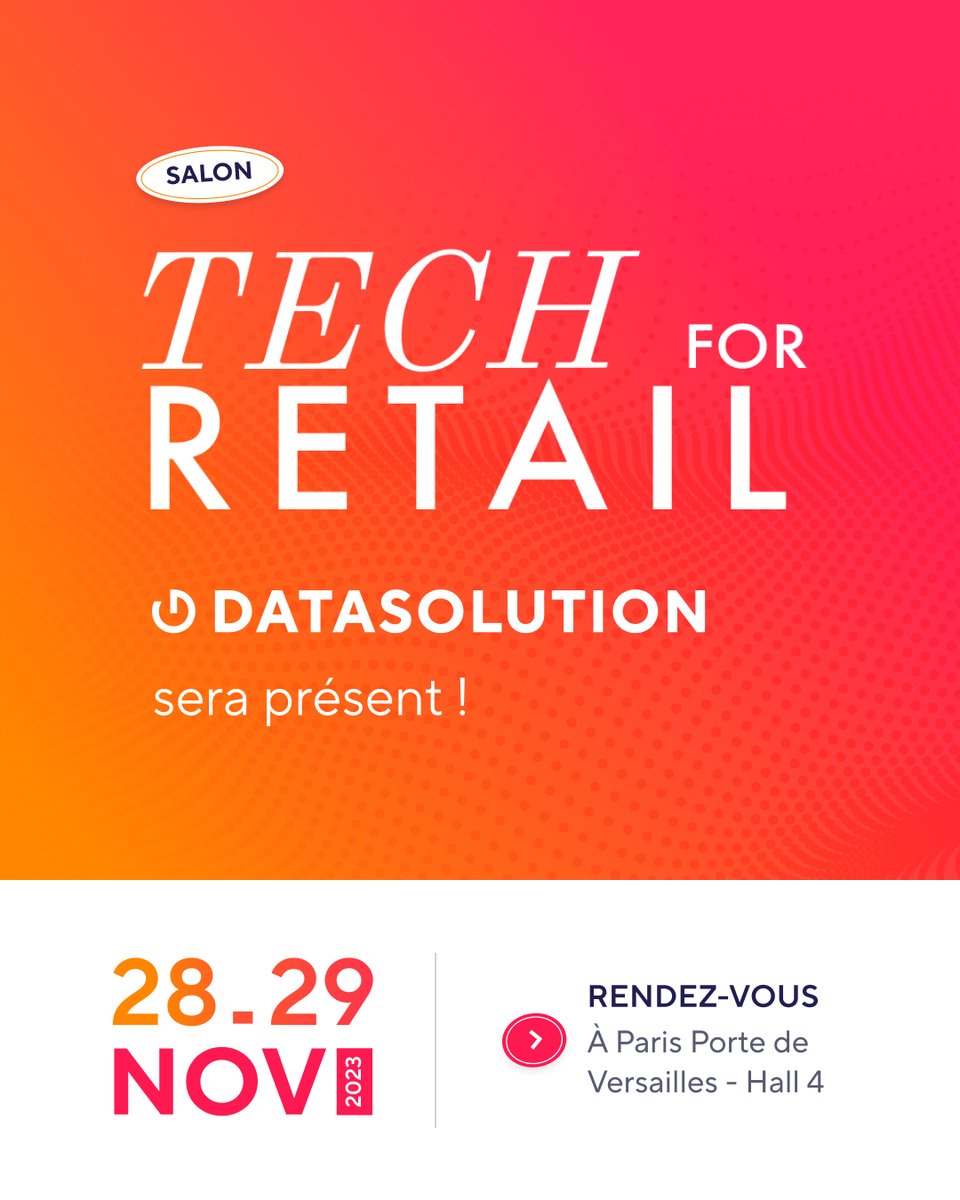 Datasolution1's tweet image. 📣 #DATASOLUTION sera présent à @TechforRetail pour échanger, partager des retours d’expérience et cas concrets ainsi que célébrer avec vous les 20 ans du Groupe en compagnie de nos partenaires @fintecture et de @pimcore !
Badge : datasolution.fr/datasolution-t…
#TFR #techforretail