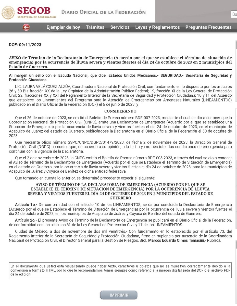 La vida de la 4T basada en decretazos
Mandaron hoy al DOF que ya acabó la emergencia en Guerrero por el paso de Otis 
...y toda la emergencia alimentaria y sanitaria q dejaron "la lluvia severa y vientos fuertes", no la van a atender? 
dof.gob.mx/nota_detalle.p…