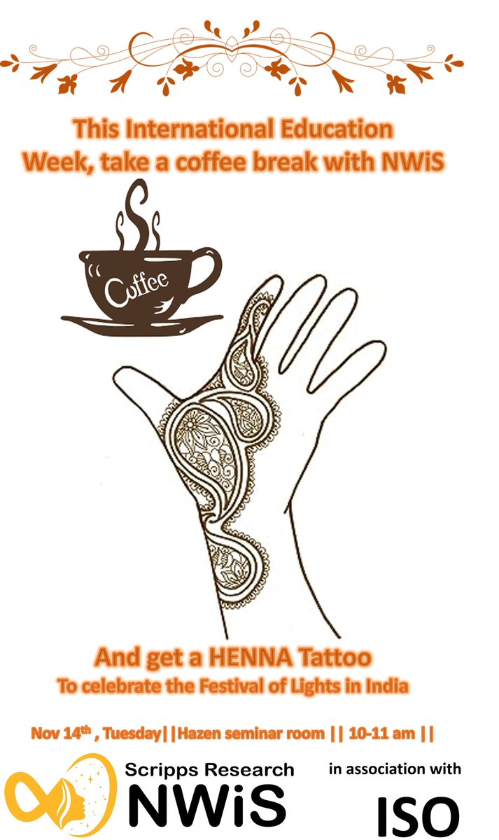 Network for Women in Science (NWiS) and International Services Office (ISO) invite you over coffee and international treats while getting a quick henna tattoo in honor of Diwali, India’s Festival of Lights, from 10:00 to 11:00 a.m. Tuesday, Nov. 14, in the Hazen Seminar Room.