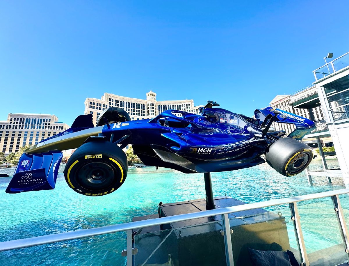 mickakers's tweet photo. MGM Rewards’ F1 Show Car was installed over the Las Vegas Grand Prix Winner’s stage at Bellagio Fountain Club. A crane hoisted the car into place. It was built in Motorsport Valley by F1 Authentics &amp; took 300 man-hours to build. #vegas #f1 #LasVegasGP https://t.co/pu2UIJxeBl