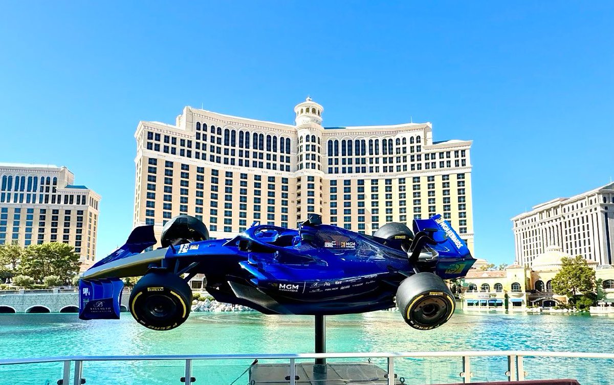 mickakers's tweet photo. MGM Rewards’ F1 Show Car was installed over the Las Vegas Grand Prix Winner’s stage at Bellagio Fountain Club. A crane hoisted the car into place. It was built in Motorsport Valley by F1 Authentics &amp; took 300 man-hours to build. #vegas #f1 #LasVegasGP https://t.co/pu2UIJxeBl